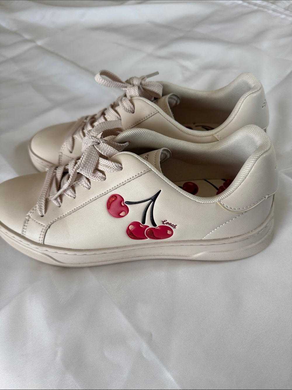 Coach Cream Leather Sneakers with Cherry Motif Casual Sz 9.5 B